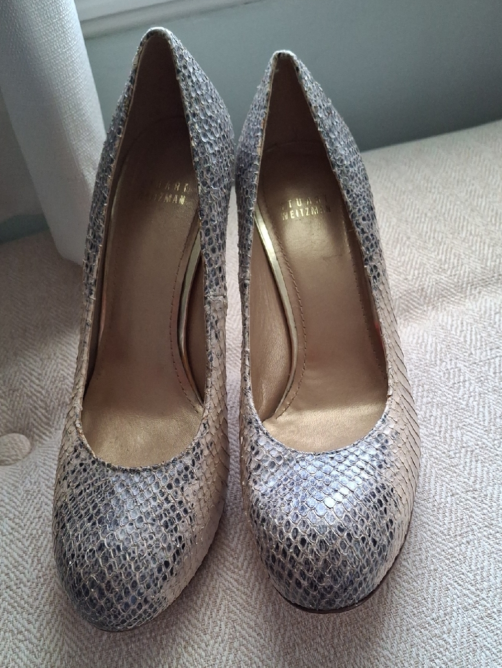 Stuart Weitzman Taupe Snake-Print Heels
